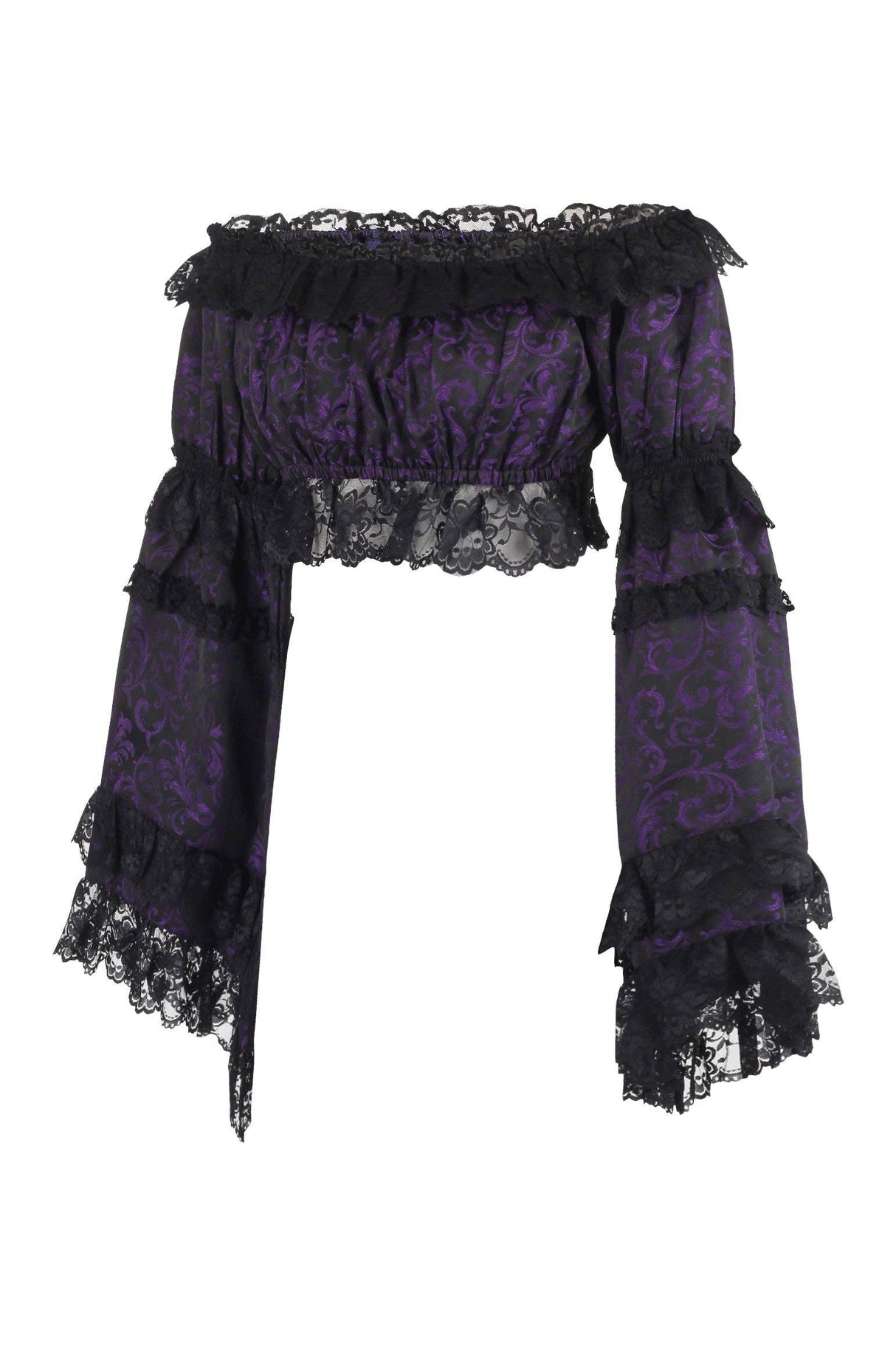 Purple & Black Brocade Flare Sleeve Peasant Top