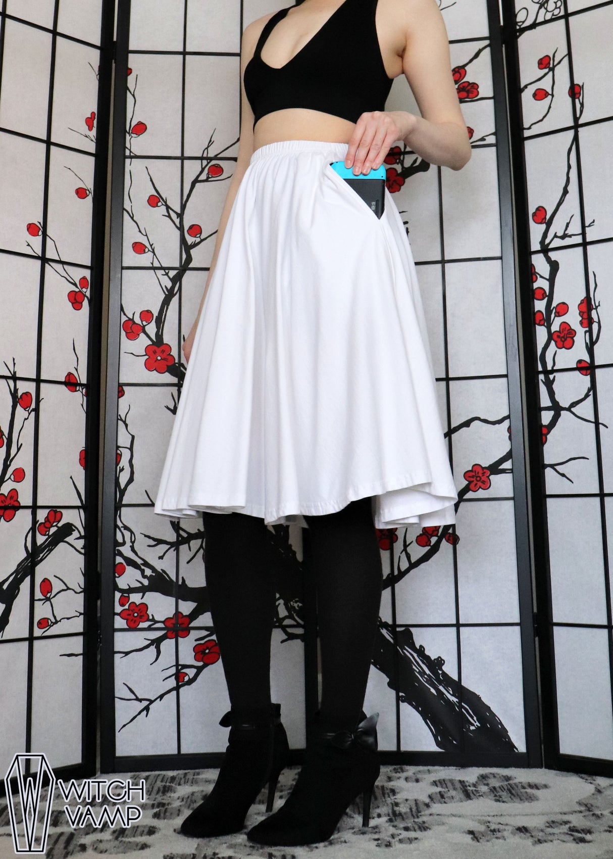 Cotton White Midi Skirt With Pockets