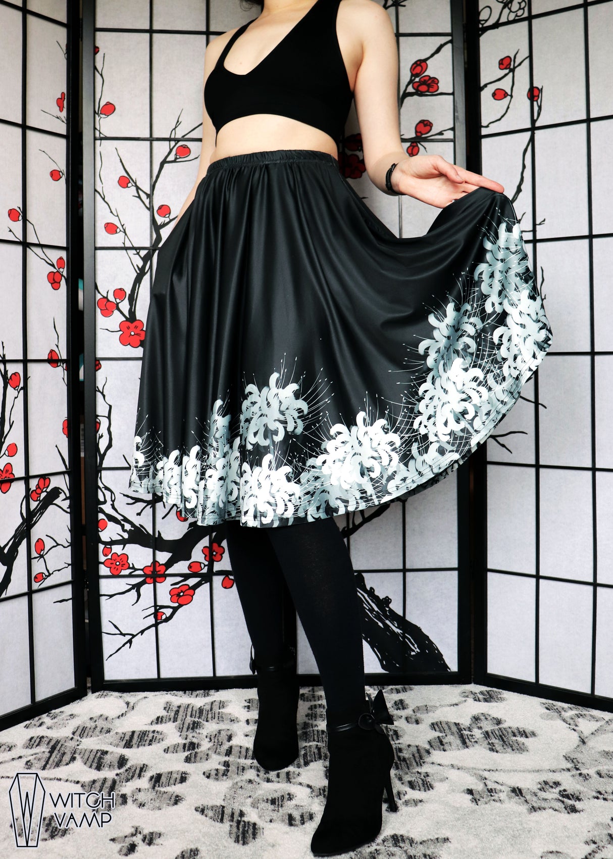 Black & White Spider Lily Midi Skirt With Pockets