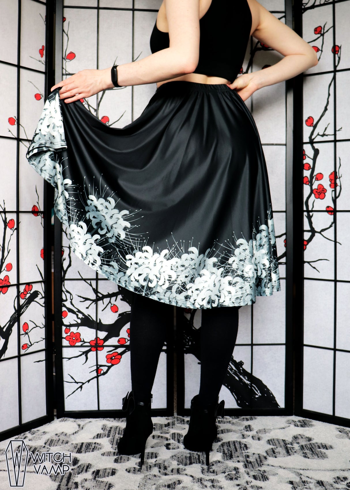 Black & White Spider Lily Midi Skirt With Pockets