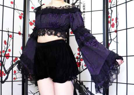 Purple & Black Brocade Flare Sleeve Peasant Top