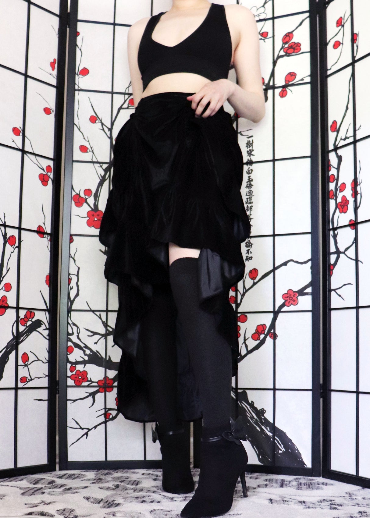 Black Velvet Adjustable Front High-Low Bustle Skirt