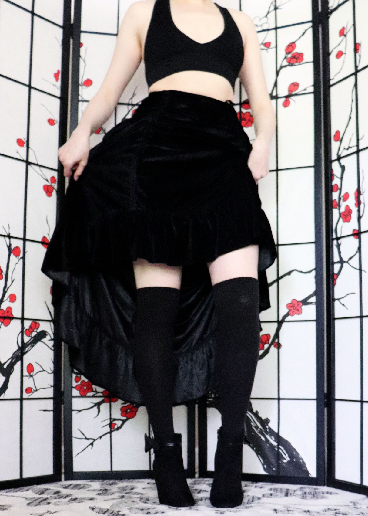 Black Velvet Adjustable Front High-Low Bustle Skirt