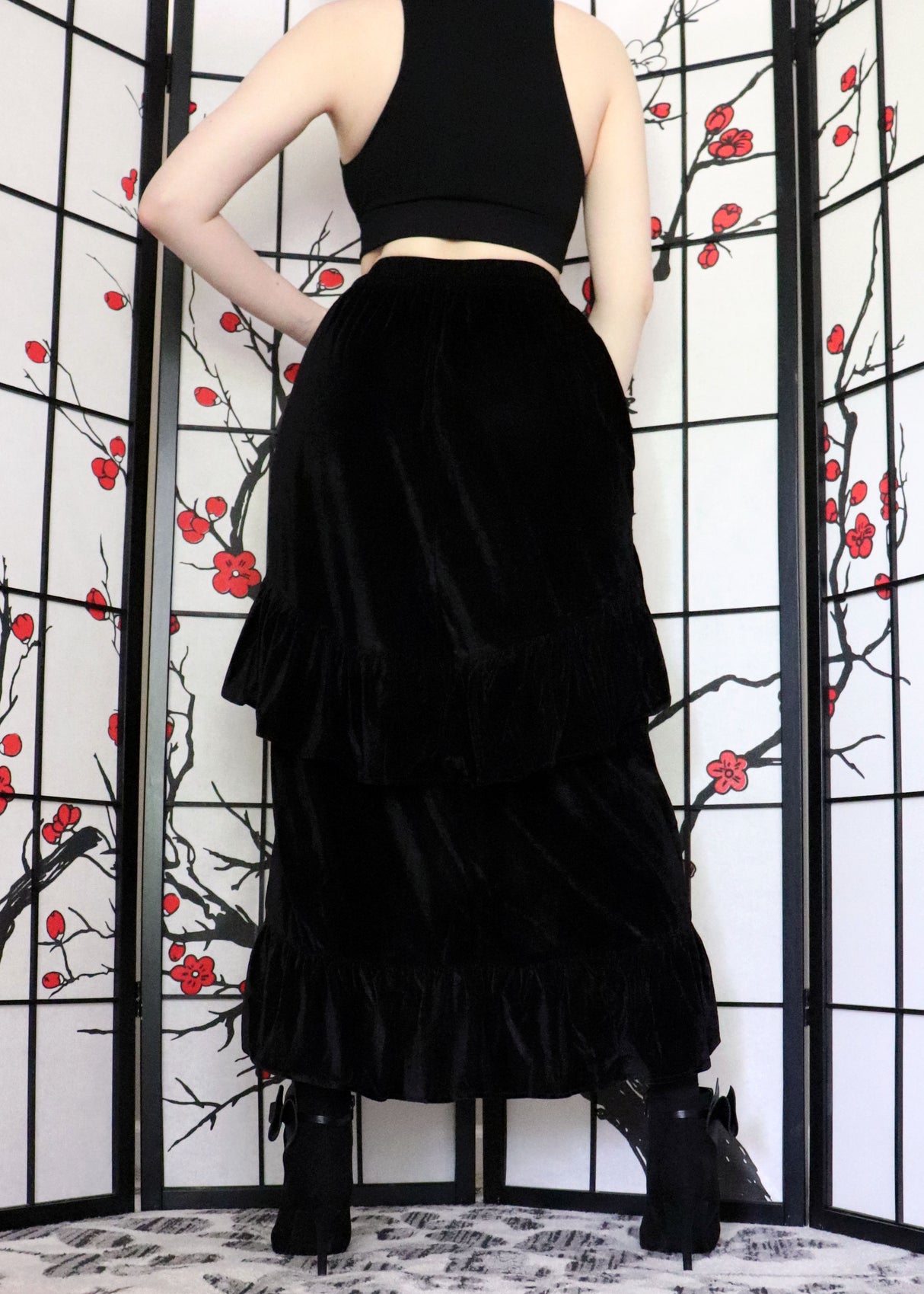 Black Velvet Adjustable Front High-Low Bustle Skirt