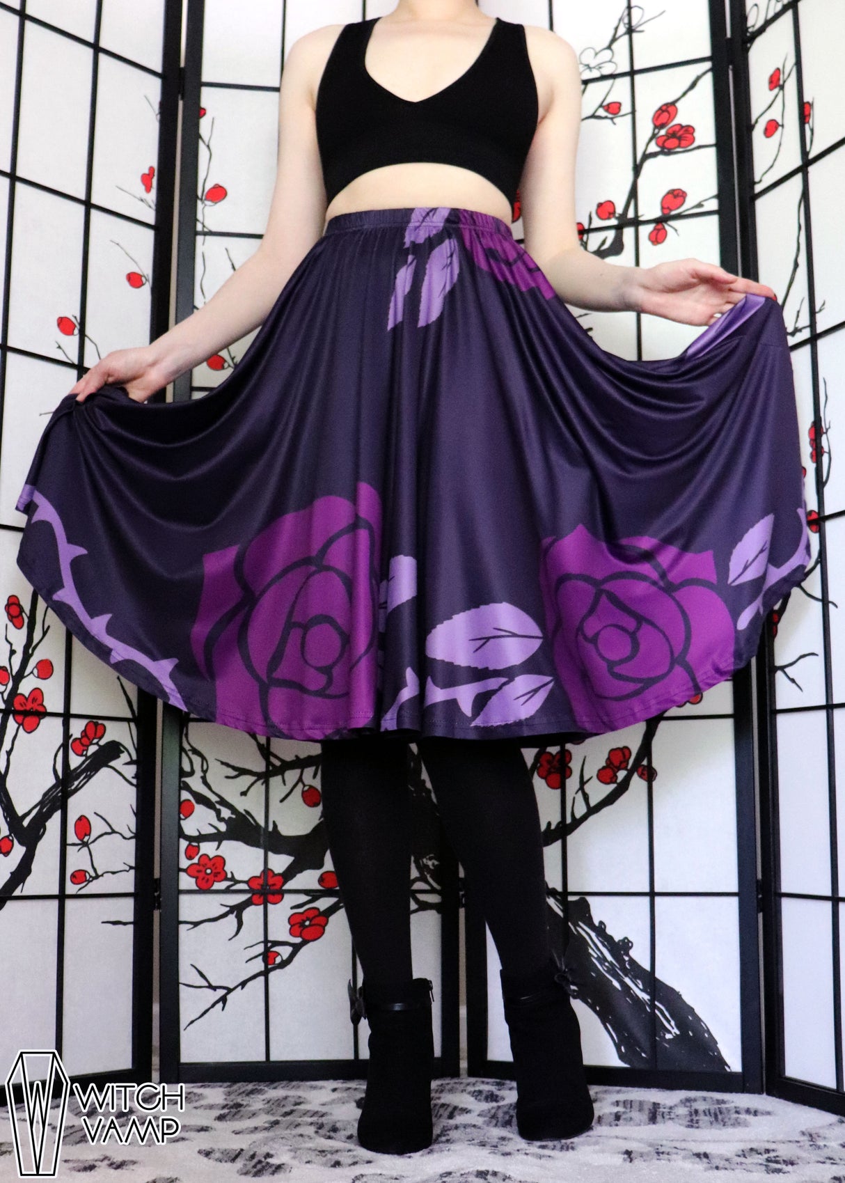 Purple Rose Midi Skirt With Pockets