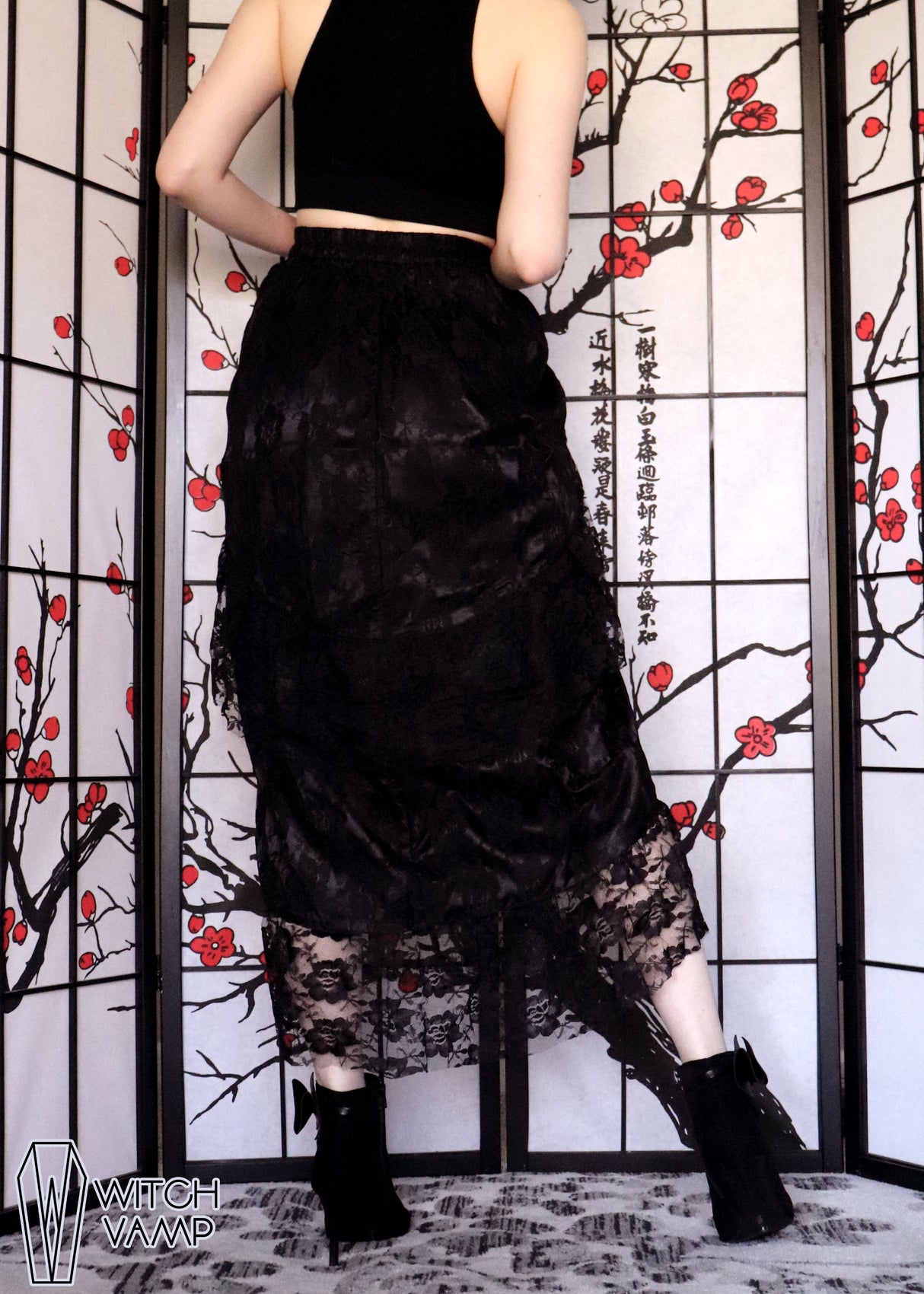 Black Lace Adjustable Front High-Low Bustle Skirt