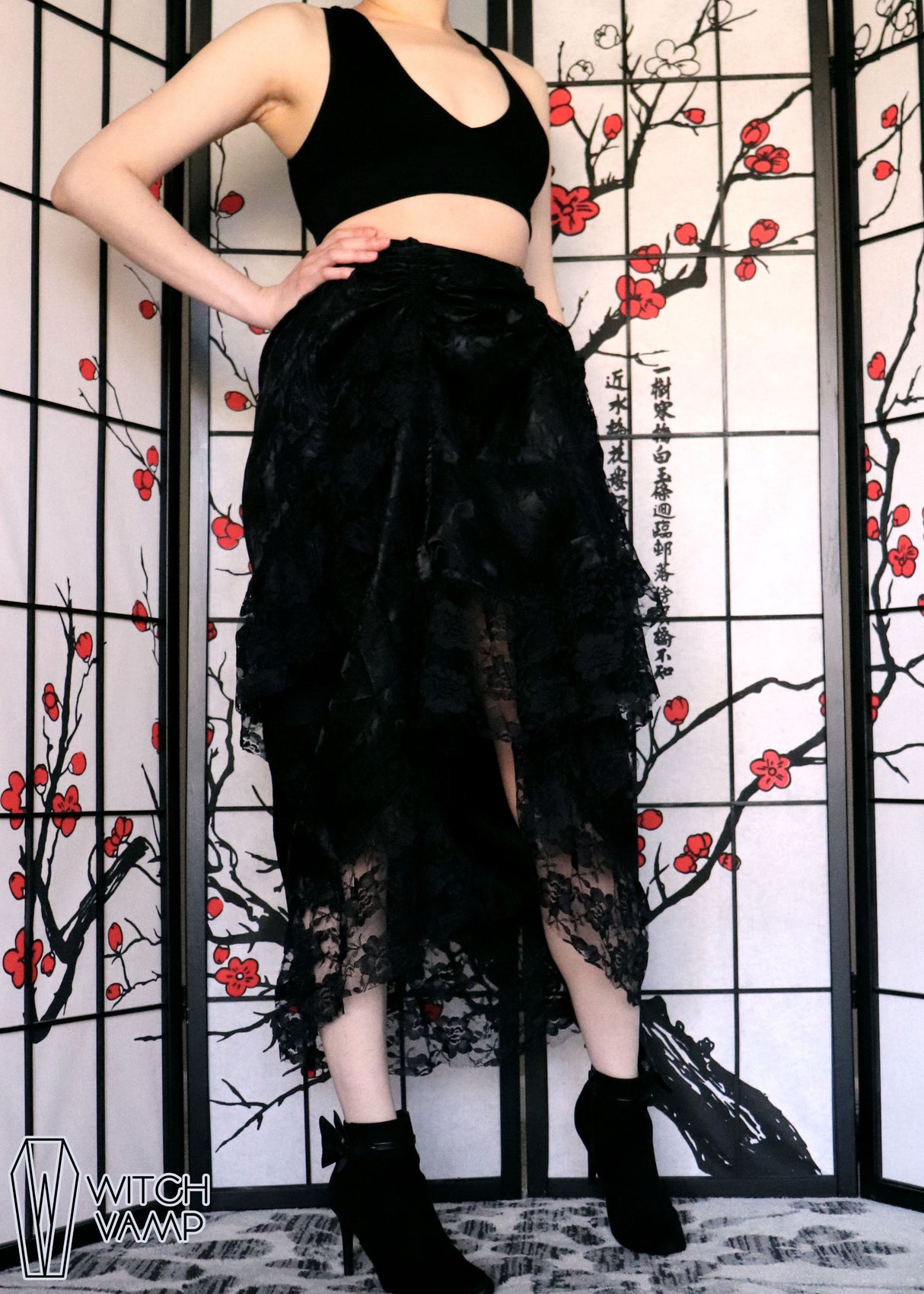Black Lace Adjustable Front High-Low Bustle Skirt