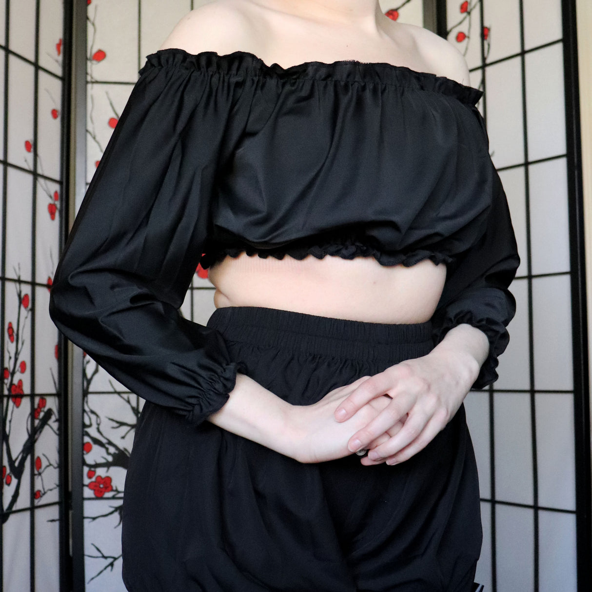 Black Smocked Sleeve Peasant Top