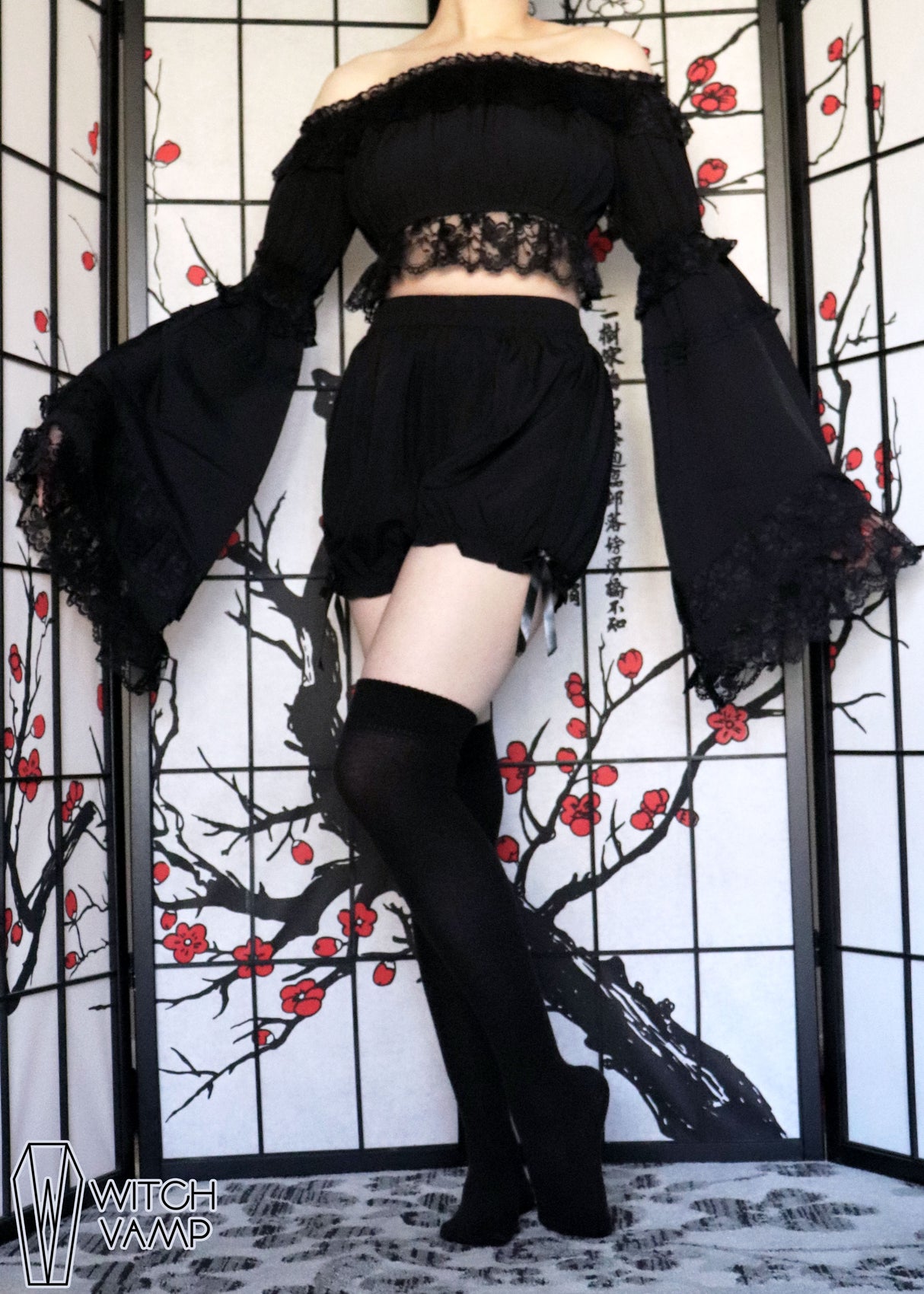 Black Crepe Flare Sleeve Peasant Top