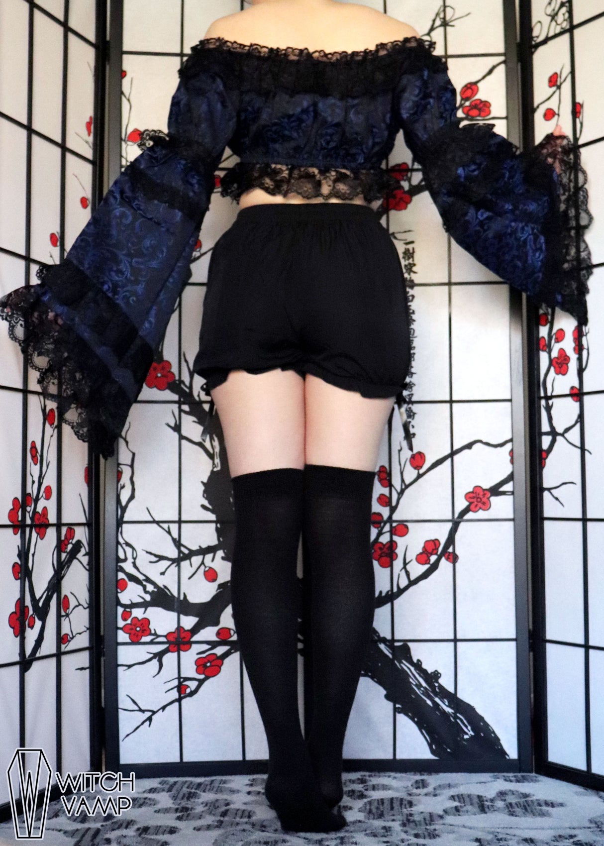 Blue & Black Brocade Flare Sleeve Peasant Top