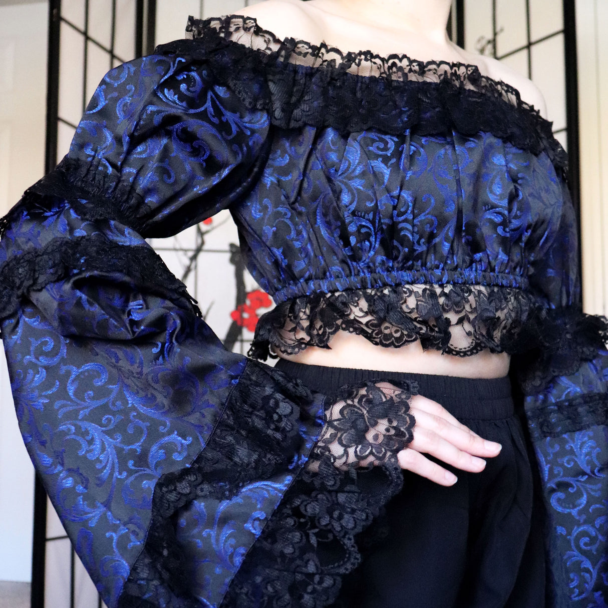 Blue & Black Brocade Flare Sleeve Peasant Top