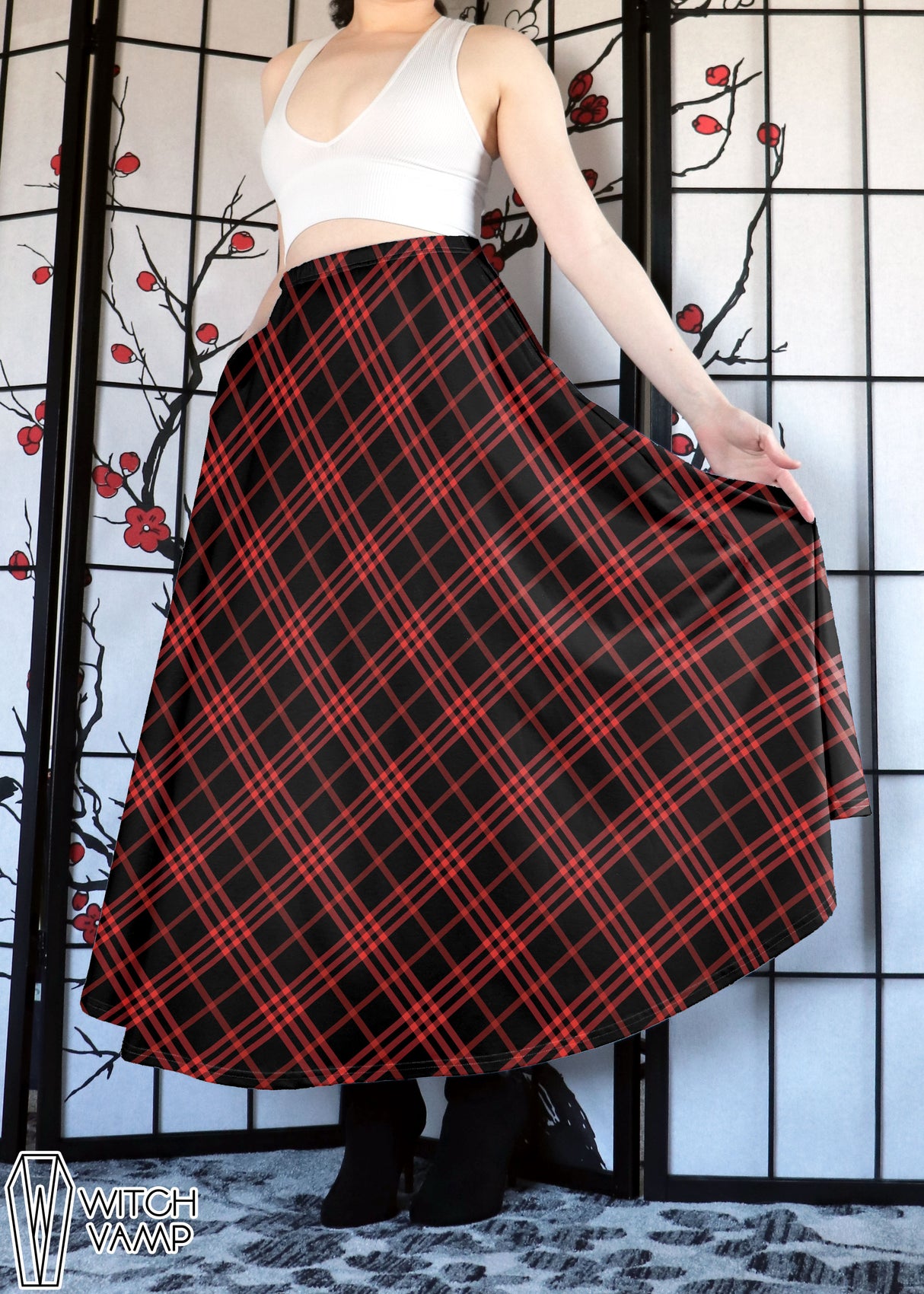 Red Plaid Maxi Skirt with Pockets
