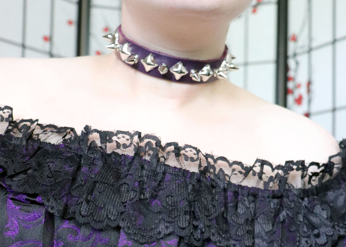 Purple Leather Collar with Chrome Spikes and Pyramid Studs