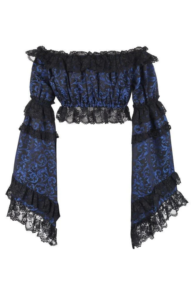 Blue & Black Brocade Flare Sleeve Peasant Top