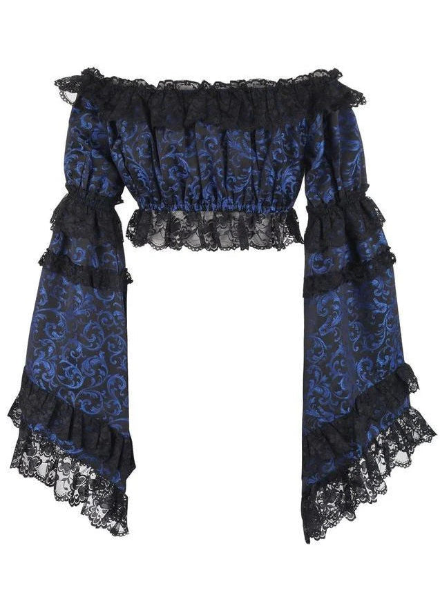 Blue & Black Brocade Flare Sleeve Peasant Top