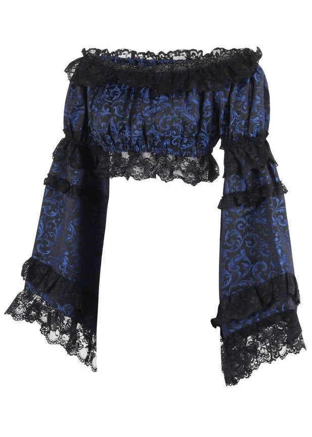 Blue & Black Brocade Flare Sleeve Peasant Top