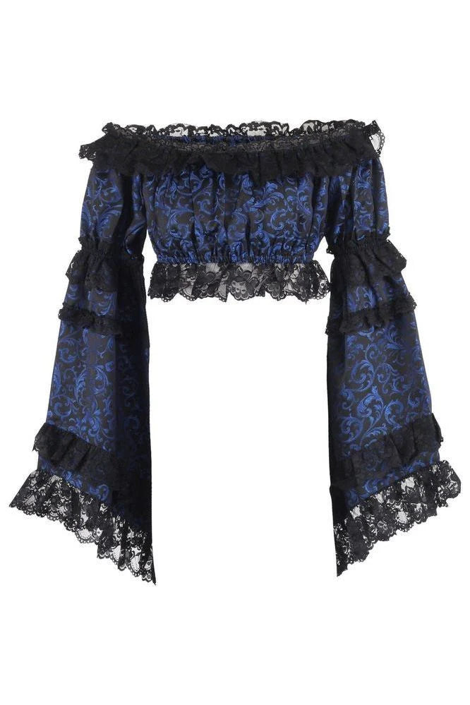 Blue & Black Brocade Flare Sleeve Peasant Top