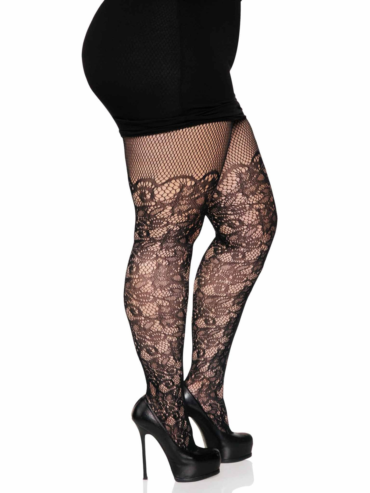 Black Floral Vine Fishnet Tights (One Size Plus)