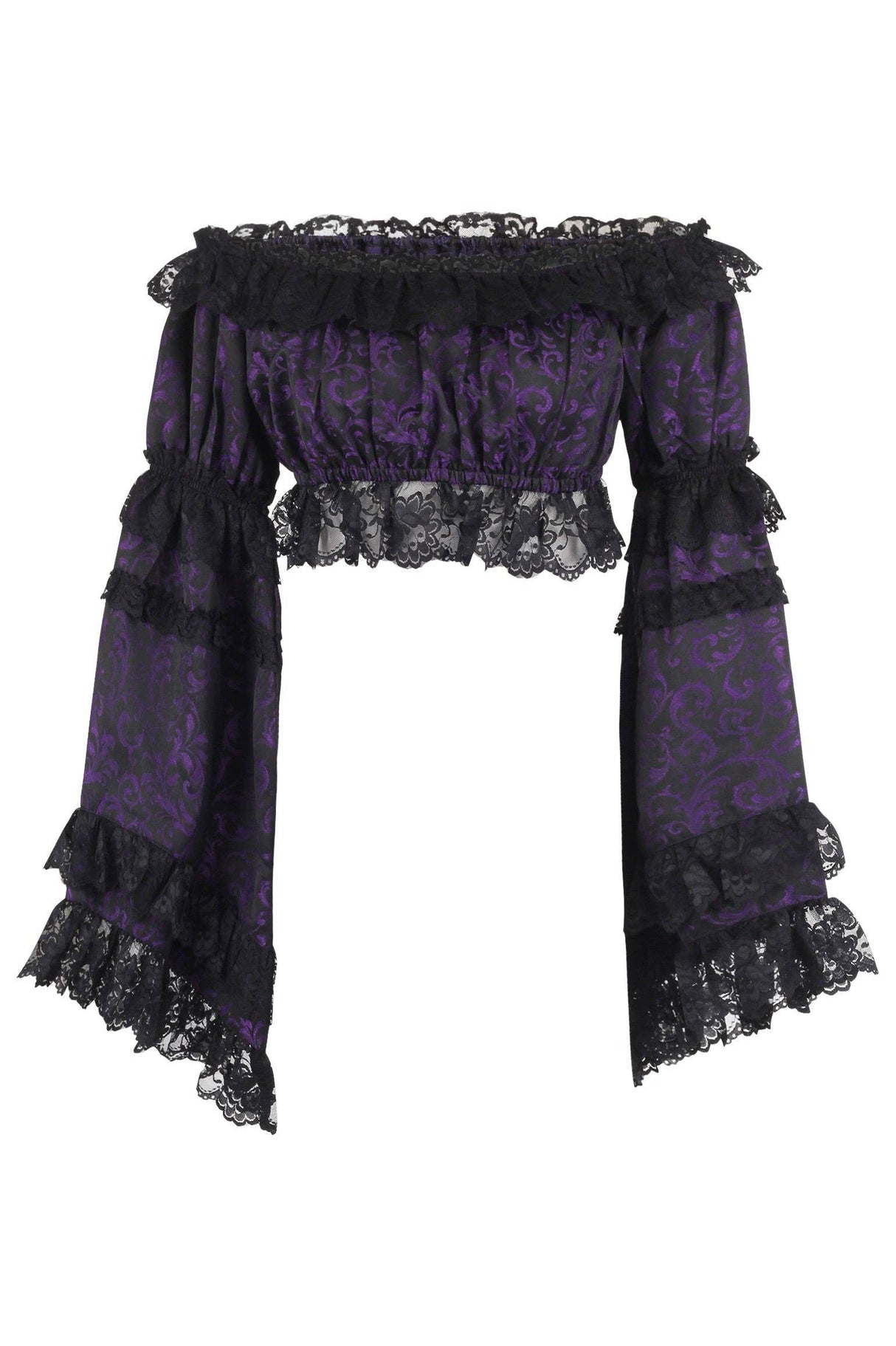 Purple & Black Brocade Flare Sleeve Peasant Top