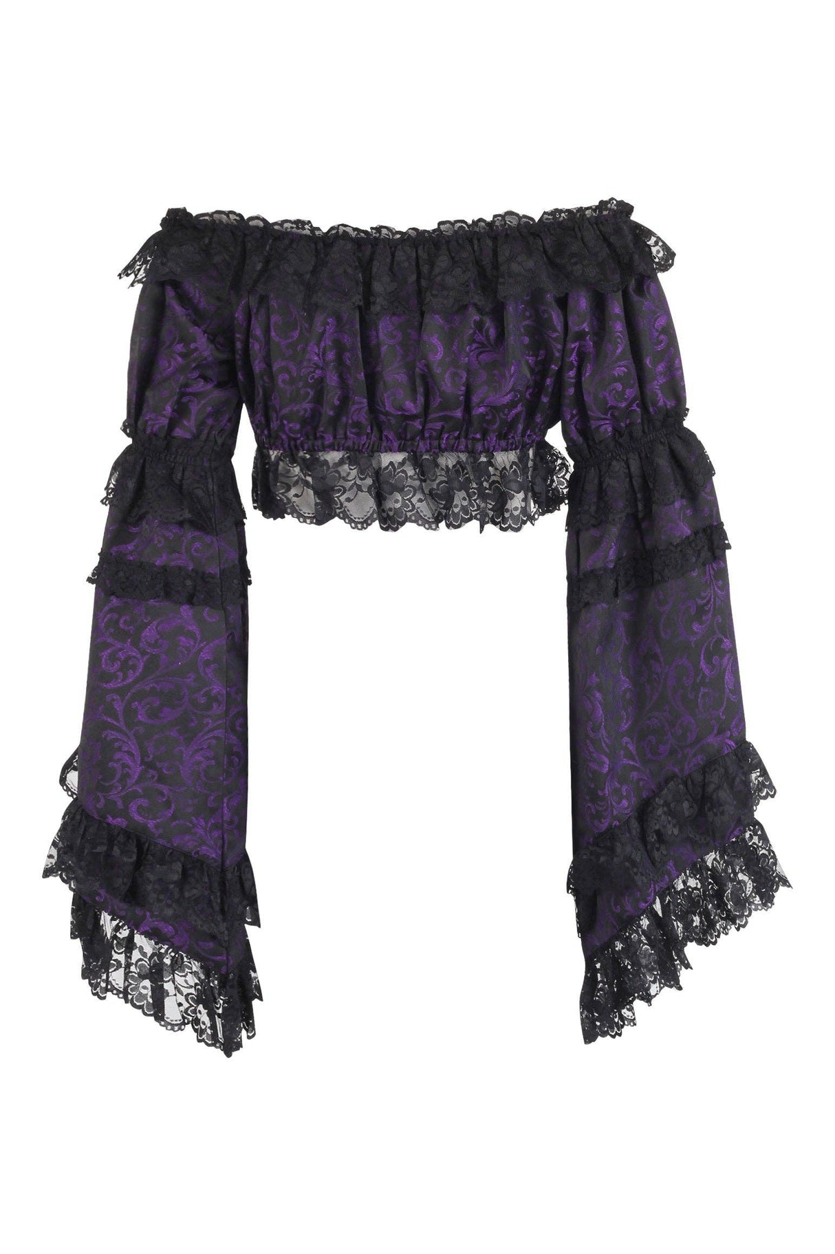 Purple & Black Brocade Flare Sleeve Peasant Top