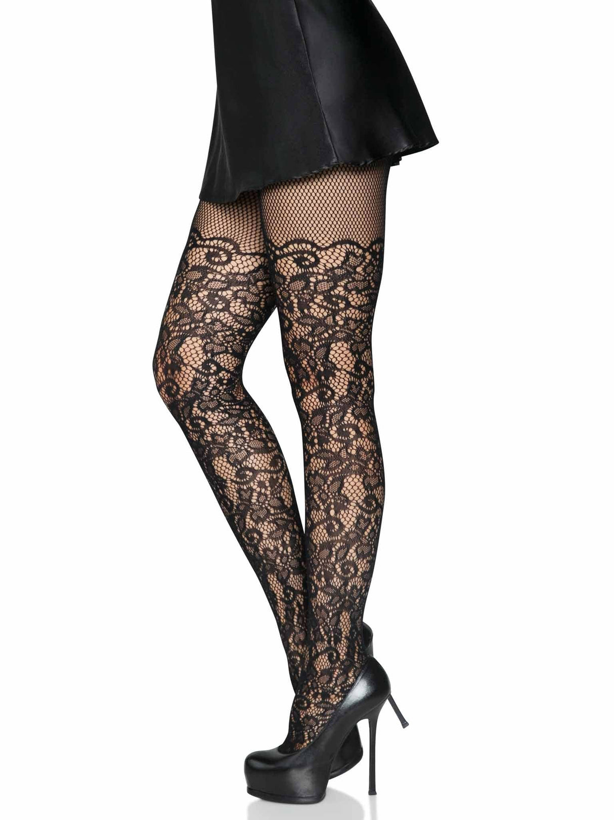 Black Floral Vine Fishnet Tights (One Size)