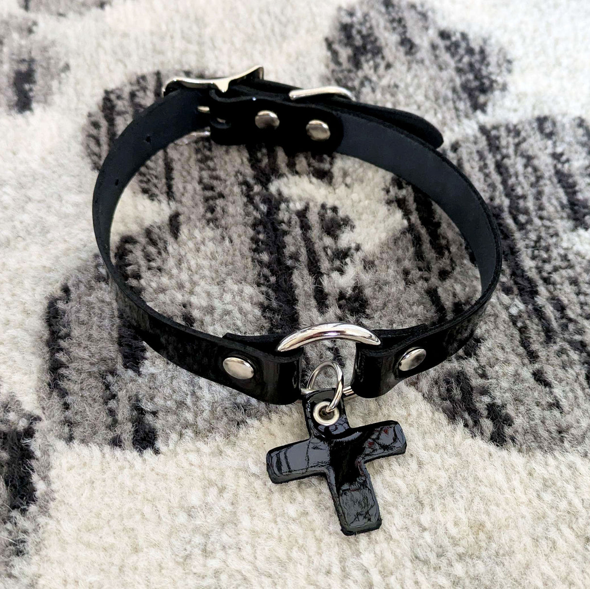 Black Patent Leather Collar with Cross