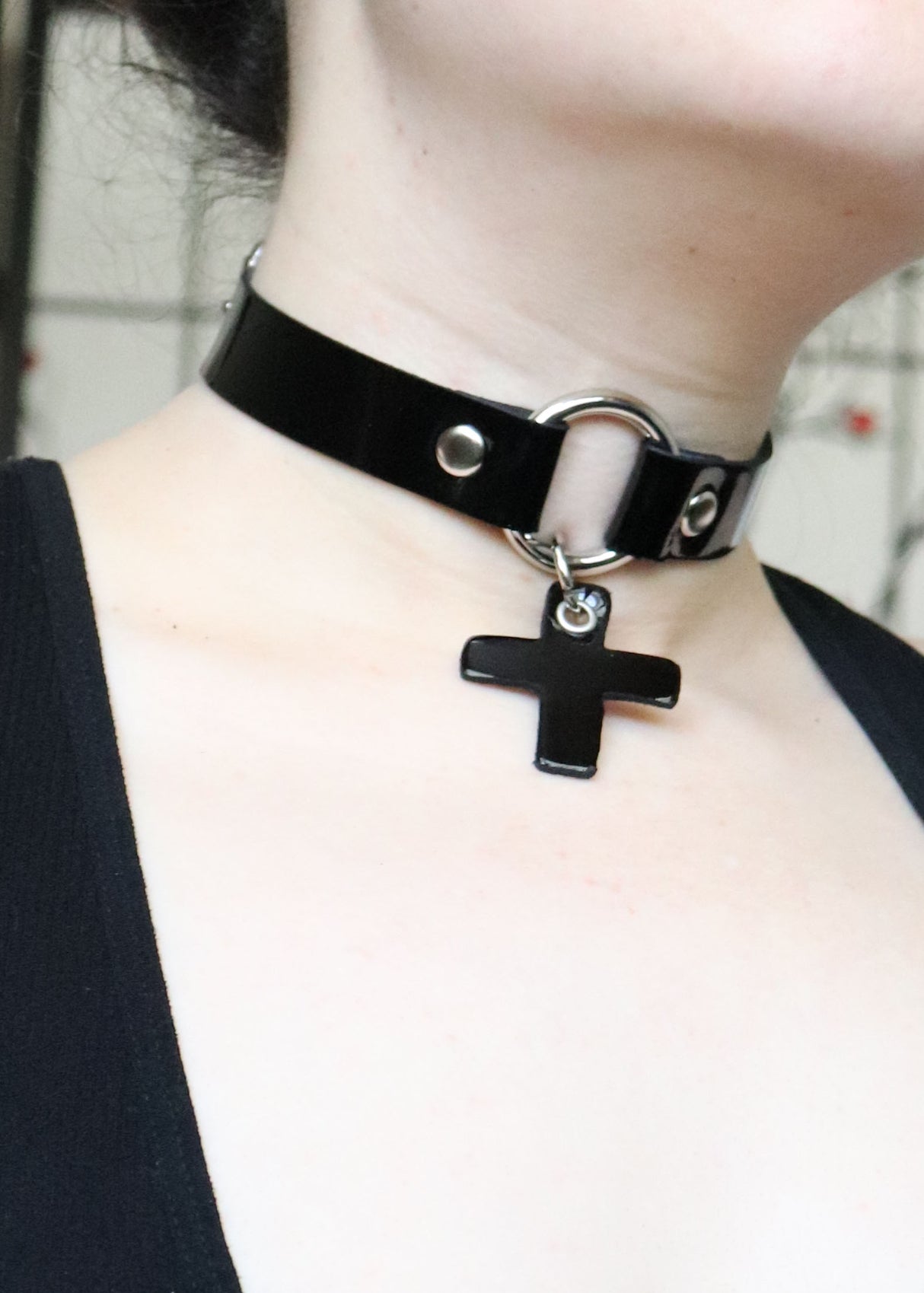 Black Patent Leather Collar with Cross