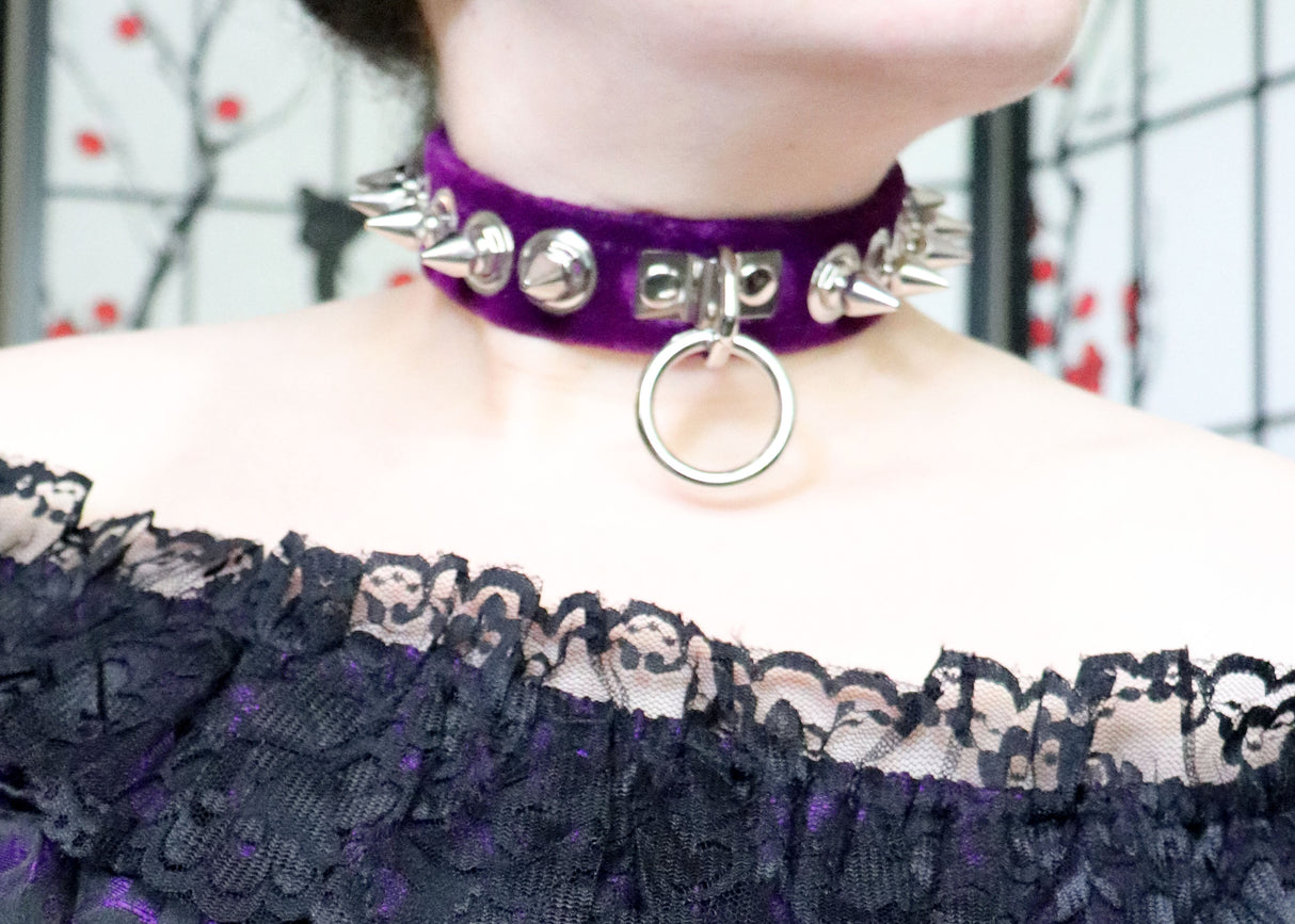Purple Velvet Spike Collar with Ring