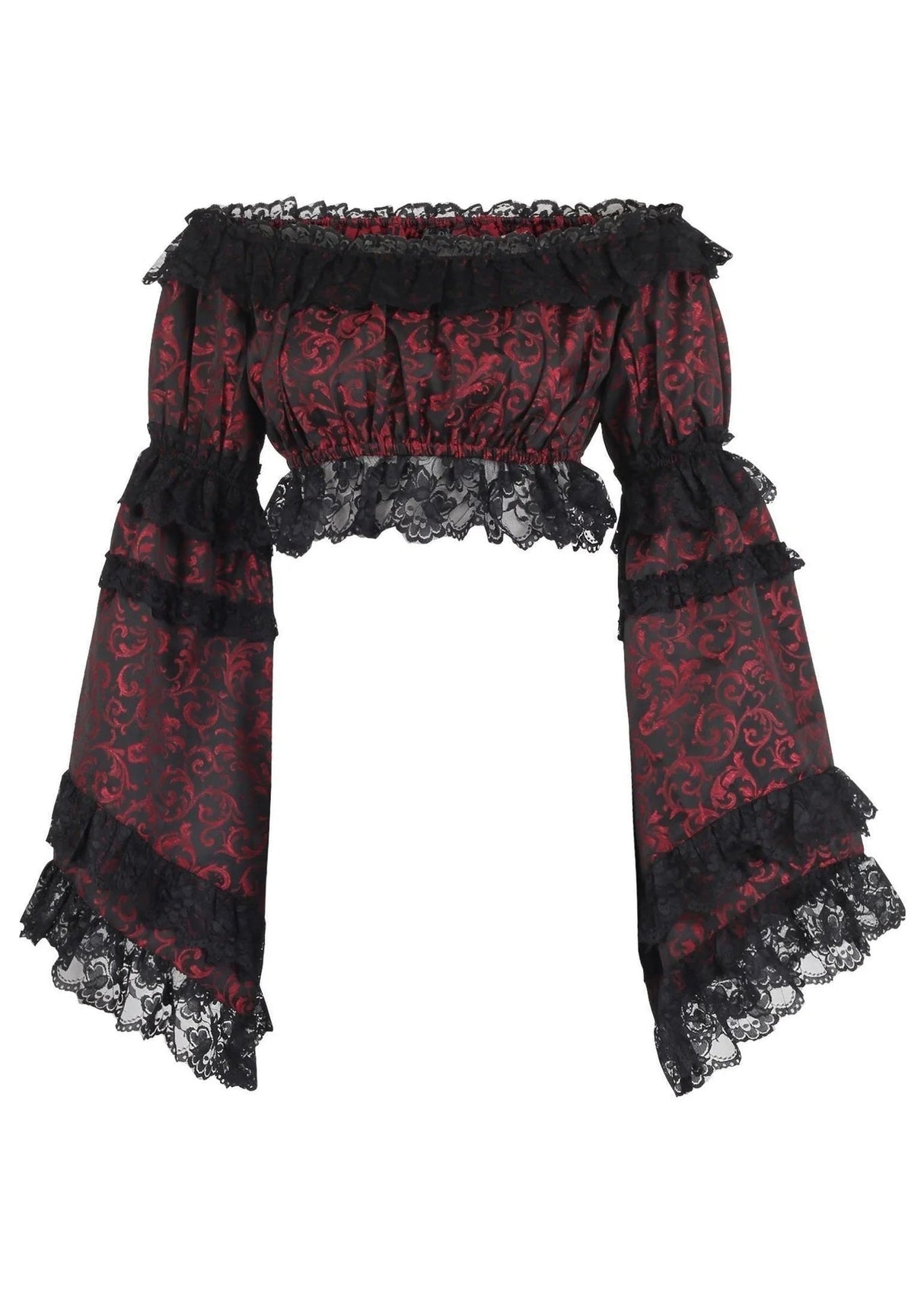 Red & Black Brocade Flare Sleeve Peasant Top