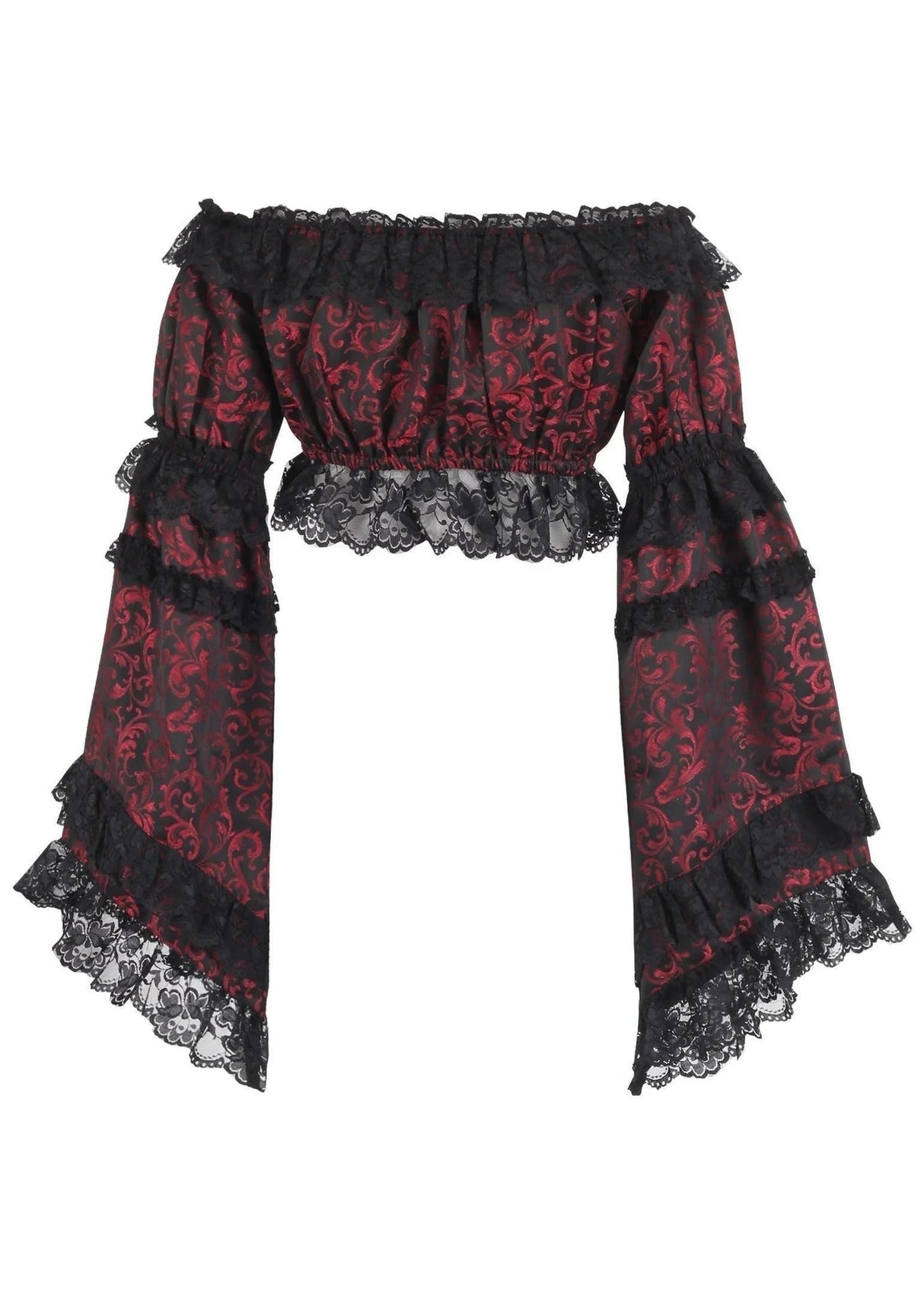 Red & Black Brocade Flare Sleeve Peasant Top