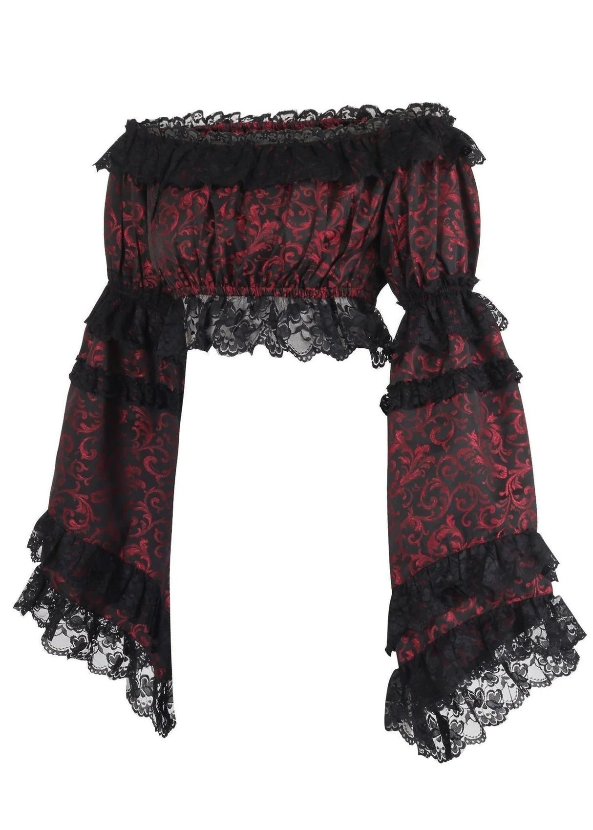 Red & Black Brocade Flare Sleeve Peasant Top