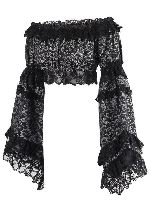 Silver & Black Brocade Flare Sleeve Peasant Top