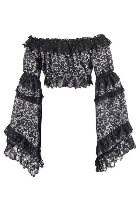 Silver & Black Brocade Flare Sleeve Peasant Top