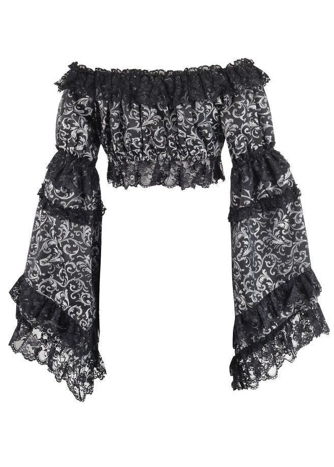 Silver & Black Brocade Flare Sleeve Peasant Top