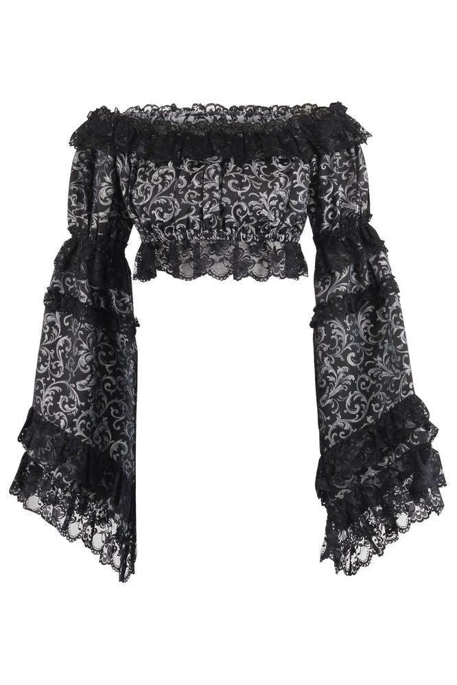 Silver & Black Brocade Flare Sleeve Peasant Top