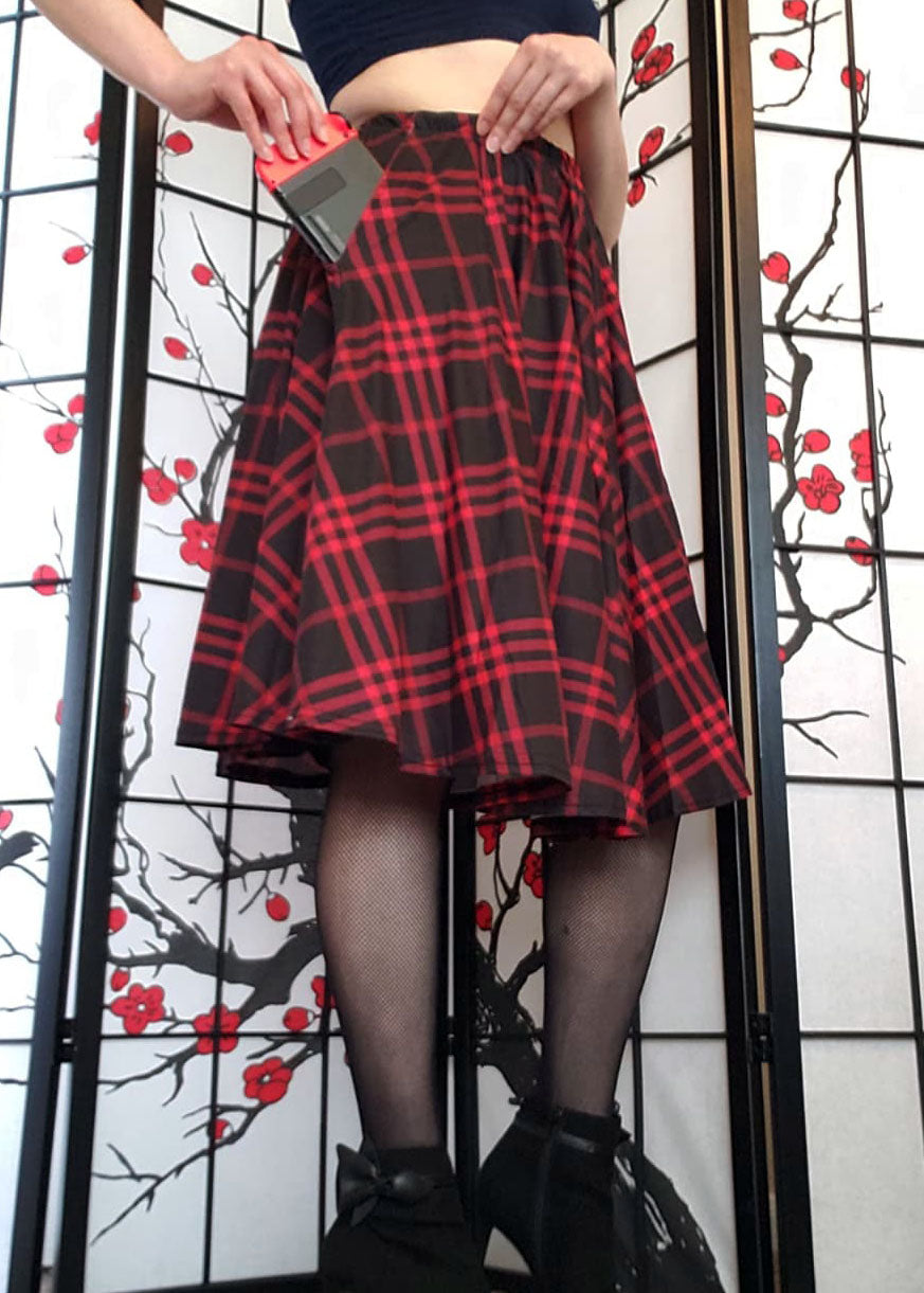 Red Plaid Midi Skirt With Pockets