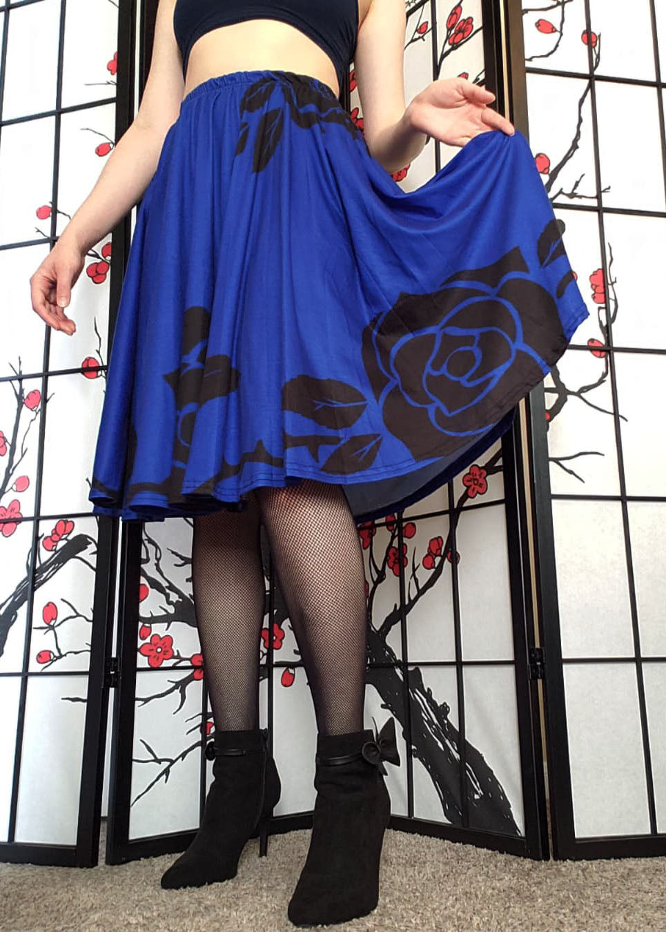 Blue Rose Midi Skirt With Pockets