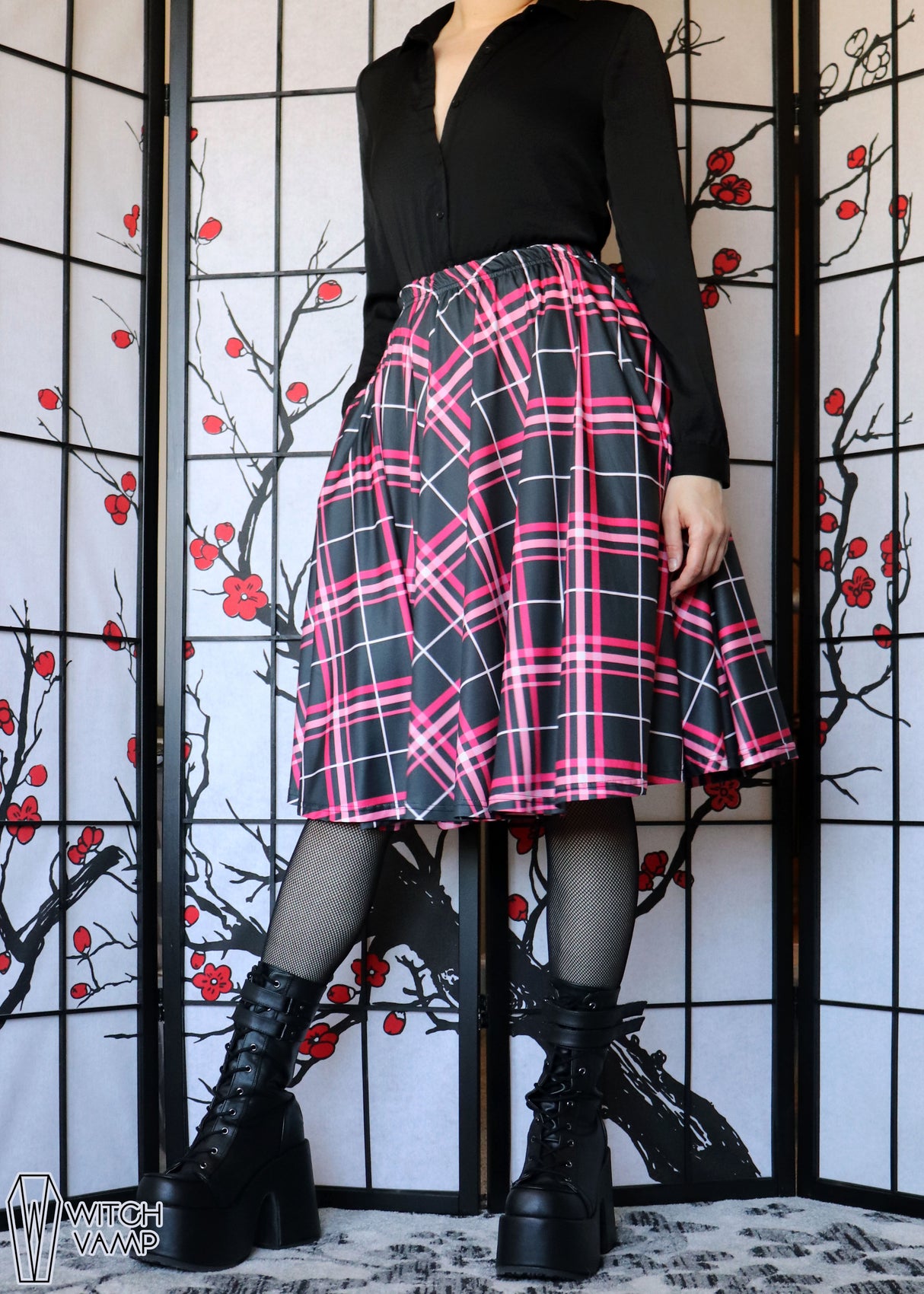 Pink Plaid Midi Skirt With Pockets