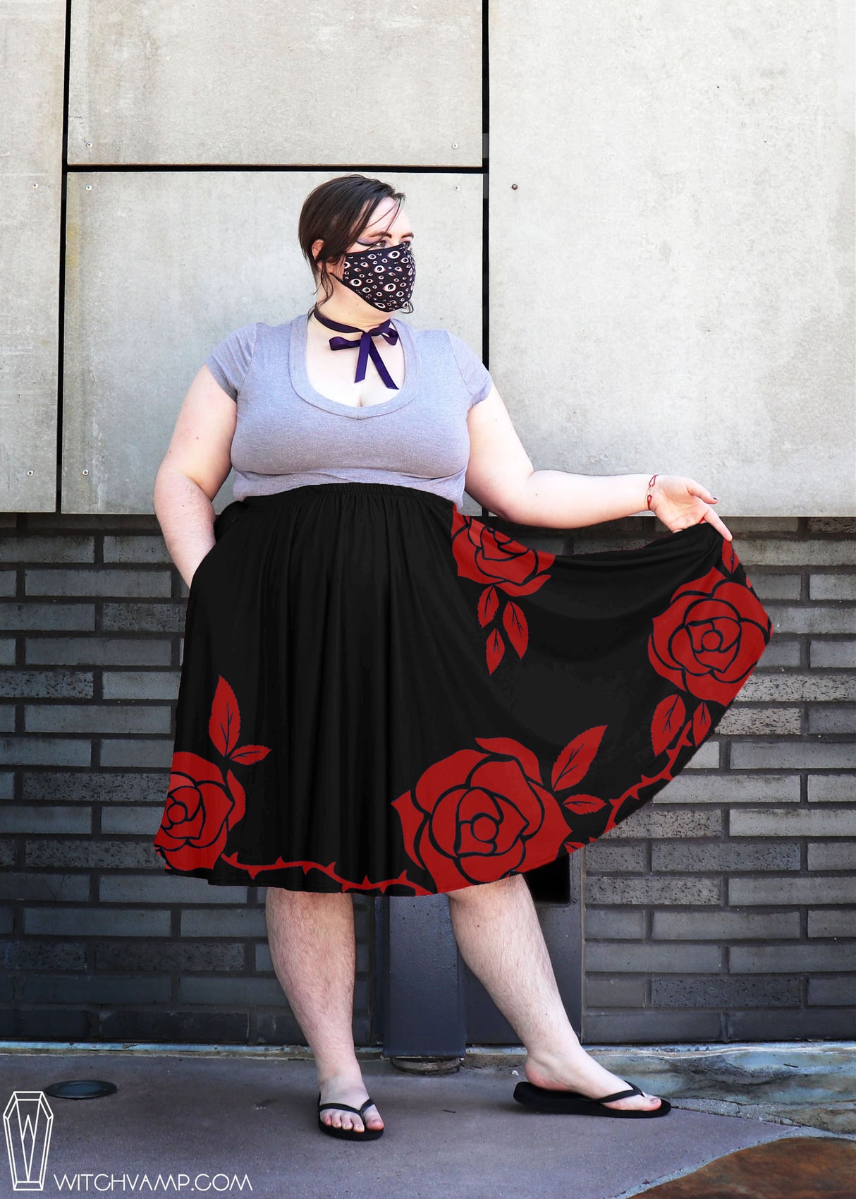 Red Rose Midi Skirt With Pockets