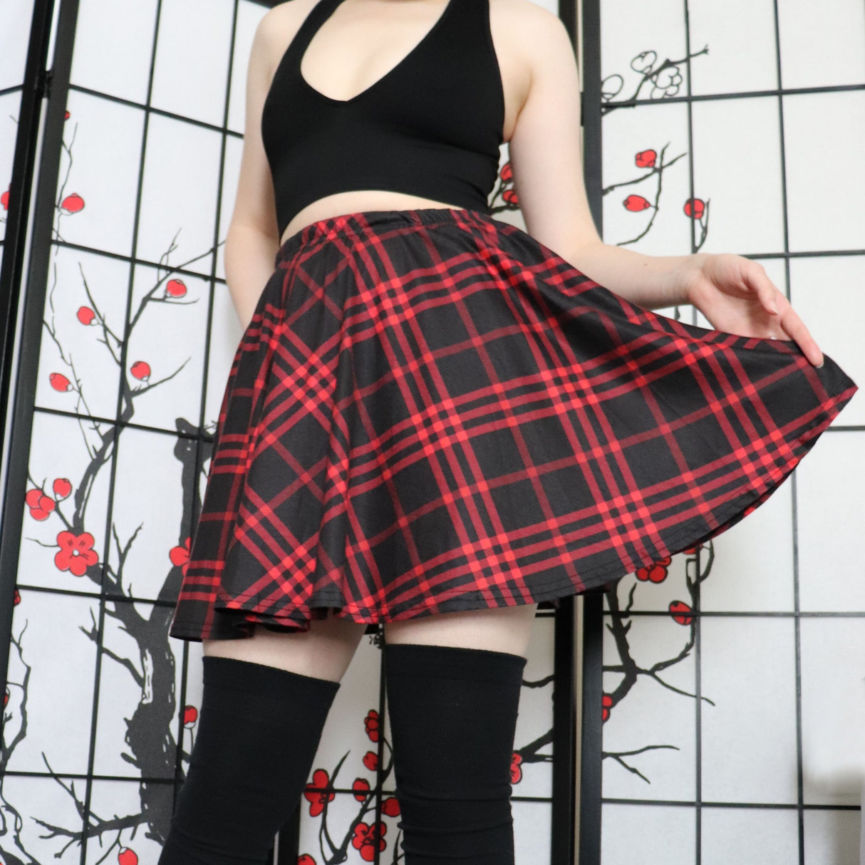 Red Plaid Skater Skirt with Pockets