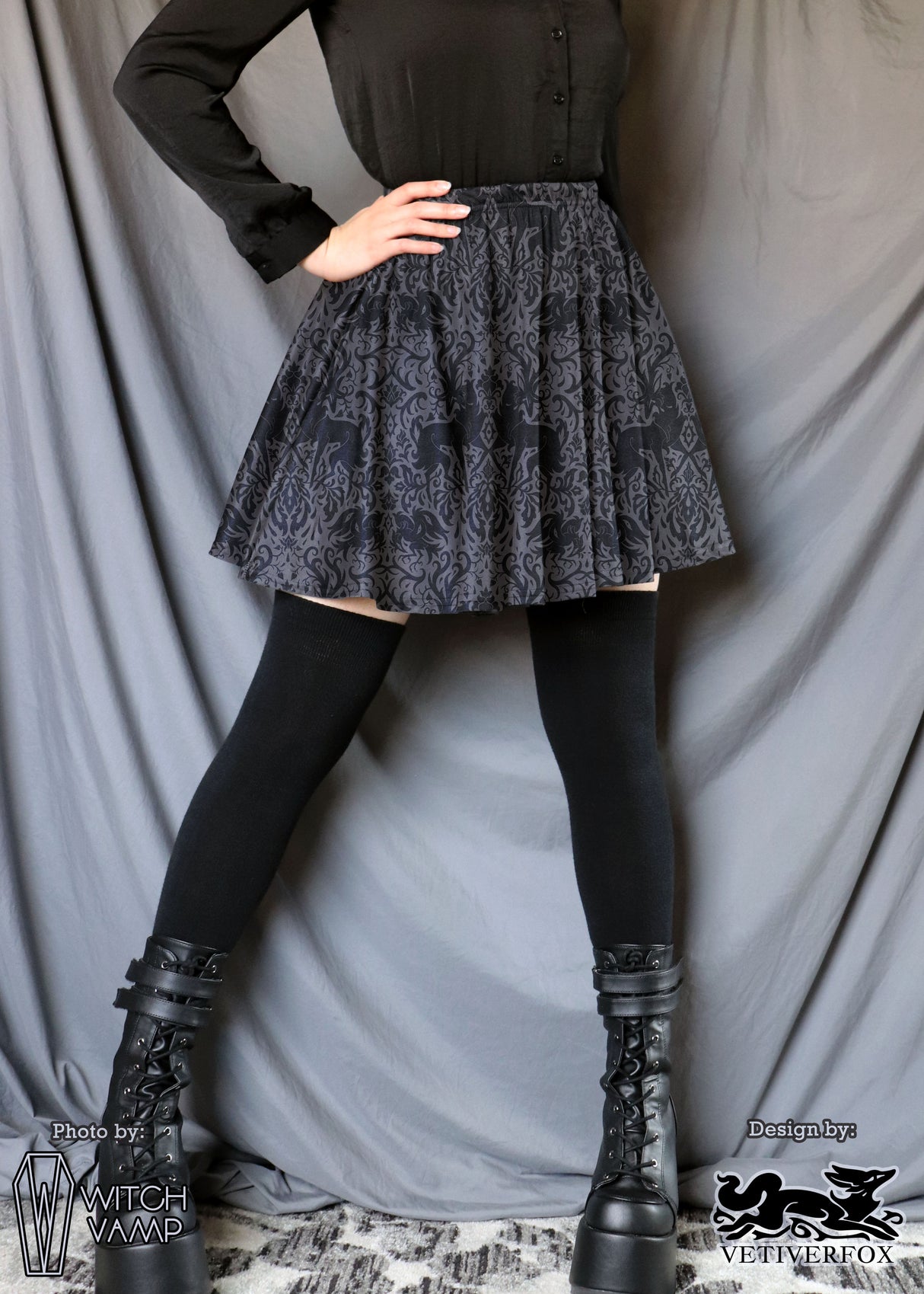 Black Velvet Skater Skirt with Pockets