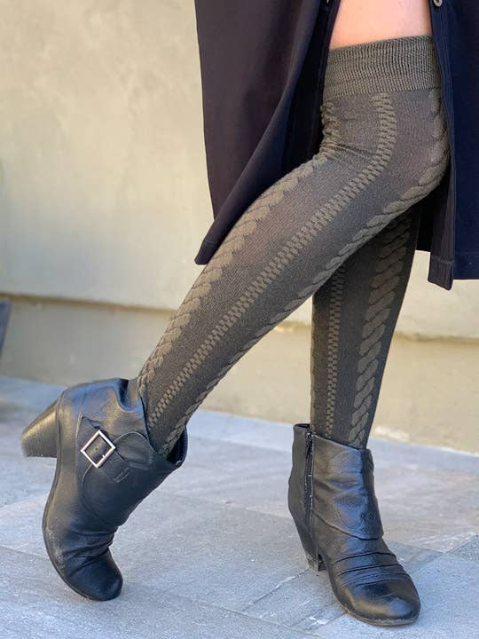 Olive Cable Knit Over the Knee Socks