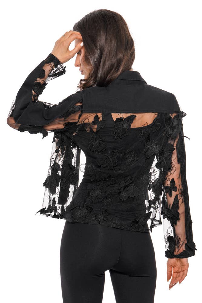 [Limited] Black Butterfly Sheer Lace Appliqué Denim Jacket