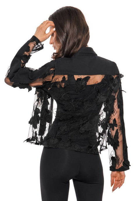 [Limited] Black Butterfly Sheer Lace Appliqué Denim Jacket