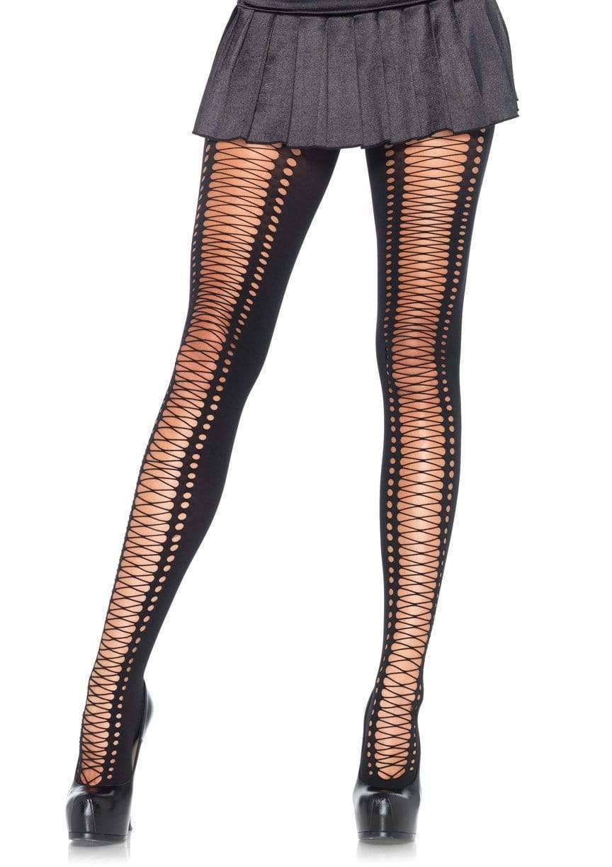 [Leg Avenue] Black "Meg" Faux Lace Up Tights