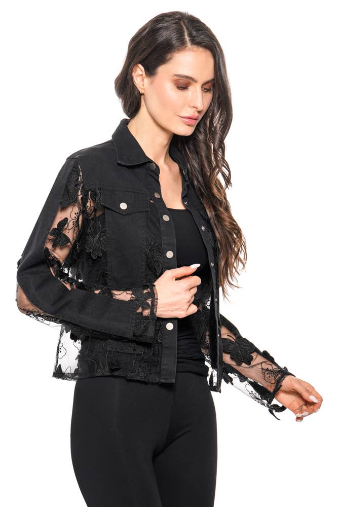 [Limited] Black Butterfly Sheer Lace Appliqué Denim Jacket