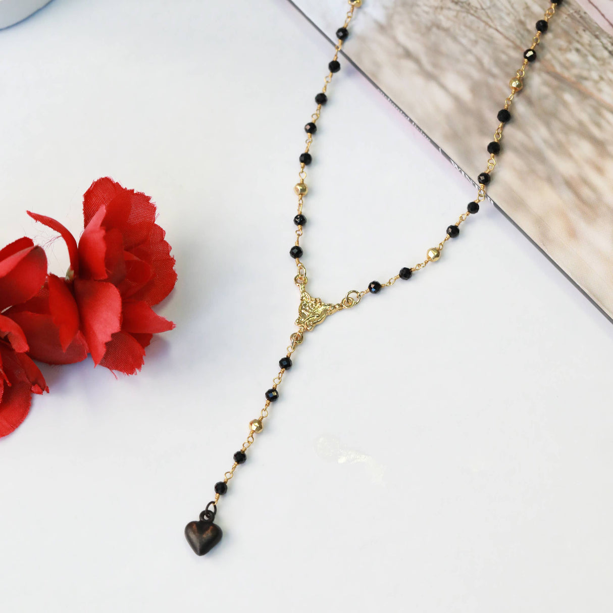 Black Spinel Dark Valentine Lariat Necklace