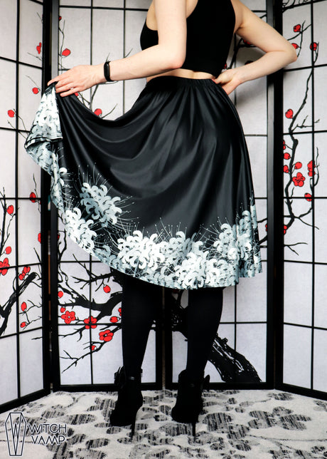Black & White Spider Lily Midi Skirt With Pockets