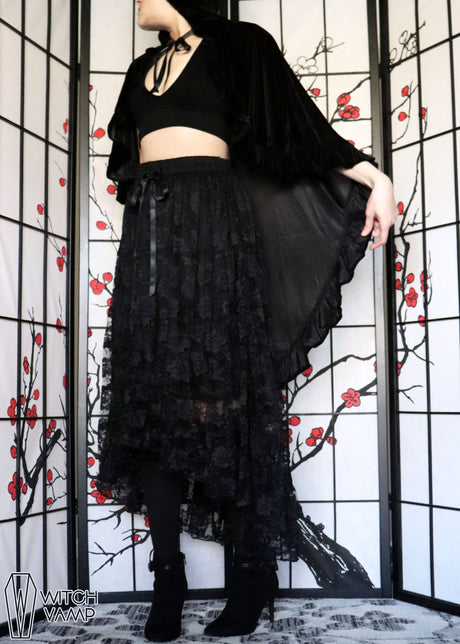Black Velvet Hooded Ruffle Cape