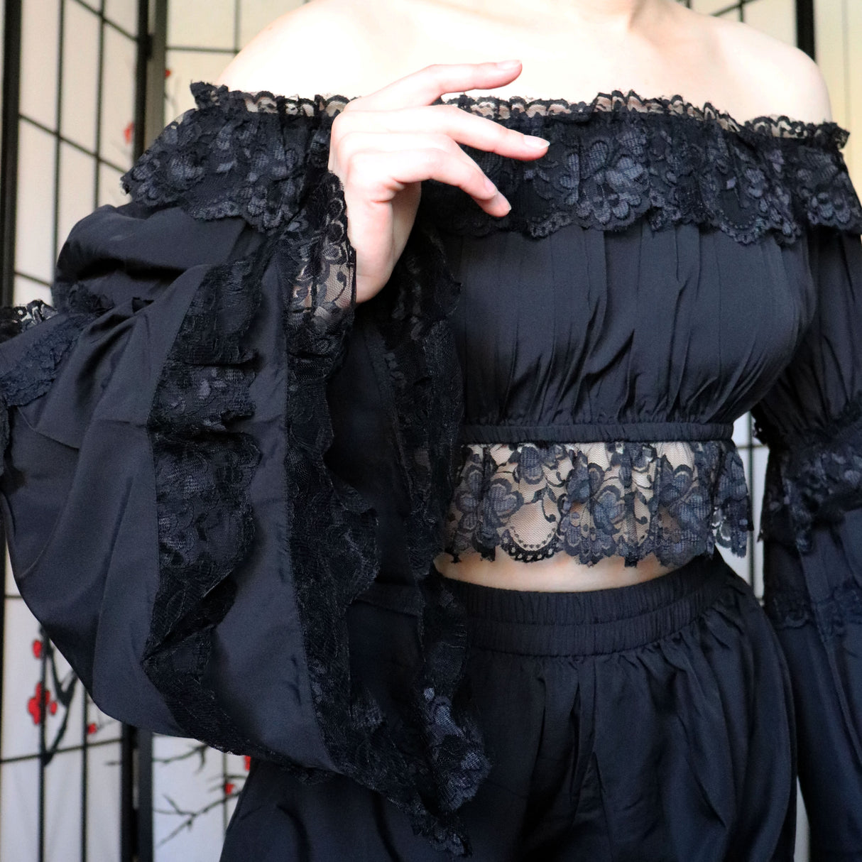 Black Crepe Flare Sleeve Peasant Top